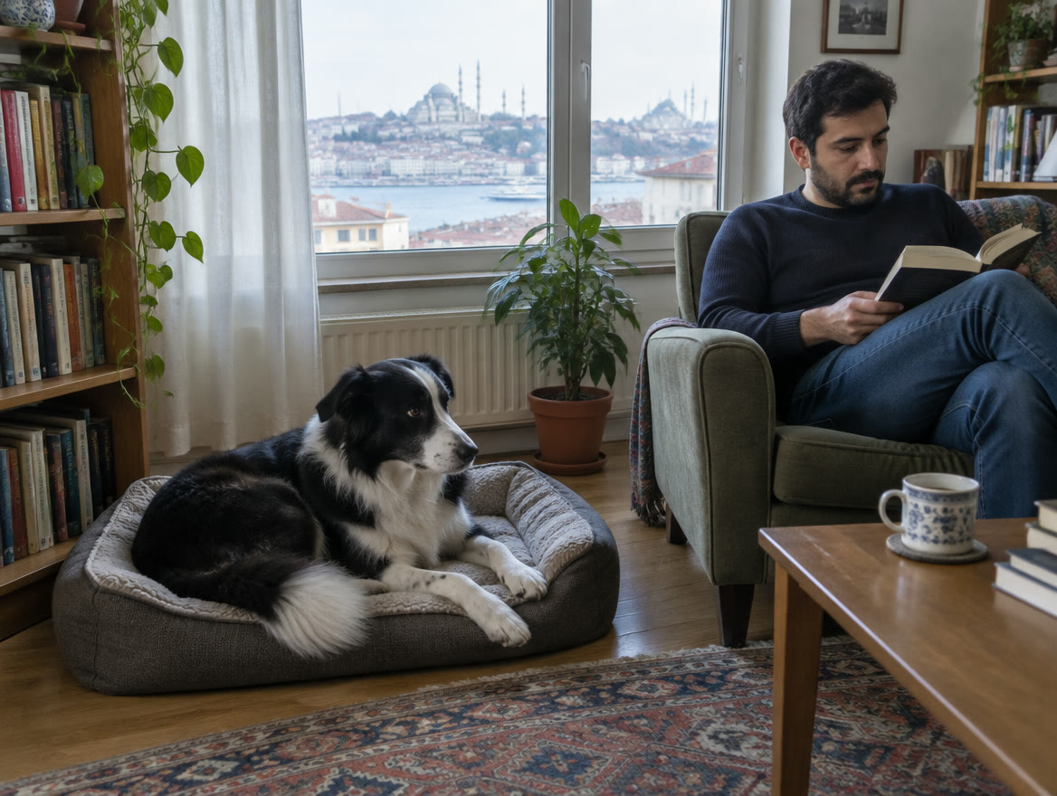 Bakıcının evinde kendi yatağında dinlenen köpek.