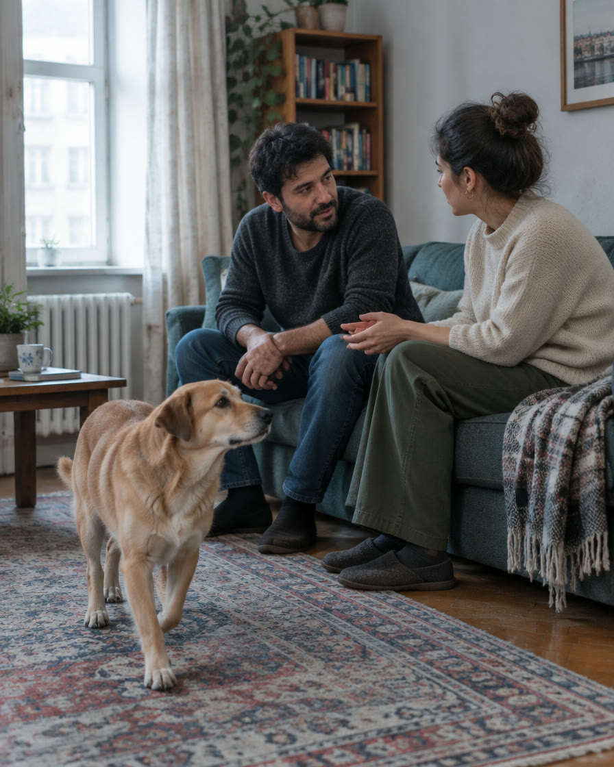 Evinde bakıcıyla tanışan hayvan sahibi ve yanlarında rahatça duran köpek.